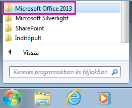 Office 2013 csoport a Windows 7 Minden program mappájában