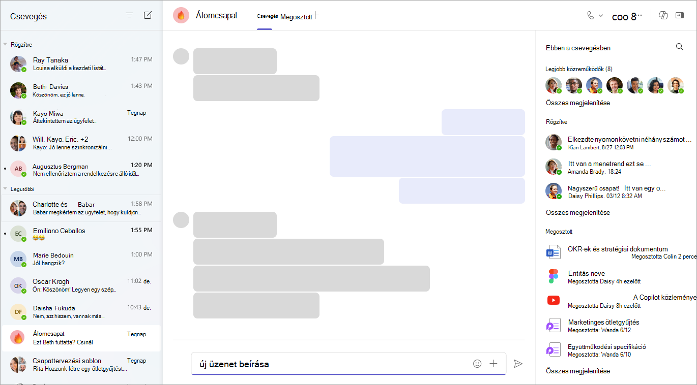 A csevegőalkalmazás képernyőképe a legutóbbi üzeneteket, a leggyakoribb közreműködőket, a rögzített üzeneteket, a megosztott fájlokat és a küldés gombot tartalmazó szövegbeviteli mezőt jeleníti meg.
