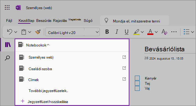 Képernyőkép a OneNote-jegyzetfüzetek legördülő listájáról