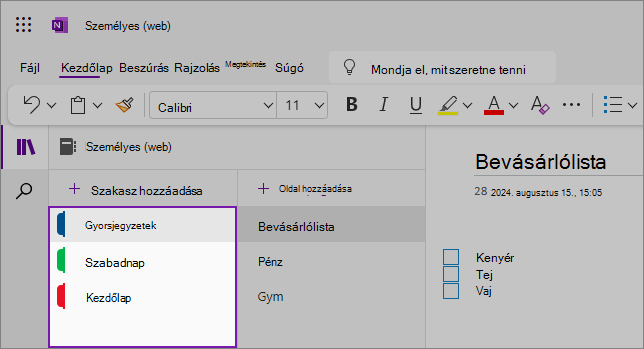 A OneNote webes felhasználói felületének nézete a tartalmi területtel