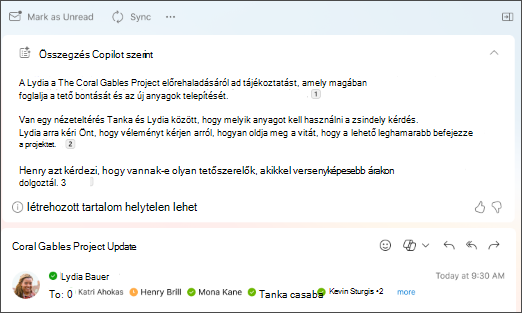 E-mail-beszélgetés összefoglalása a Copilot által létrehozott idézetekkel