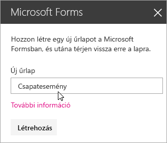 A Microsoft Forms kijelző ablaktábla egy új űrlapon.