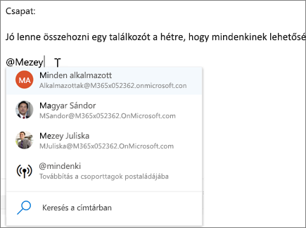 Az @említések funkció a Webes Outlookban