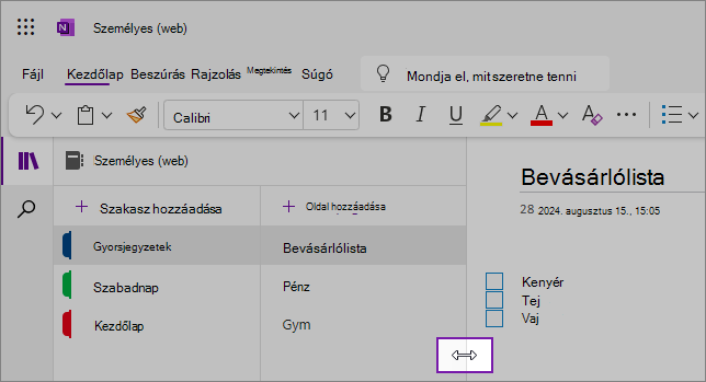 Képernyőkép a OneNote navigációs paneleinek átméretezéséről