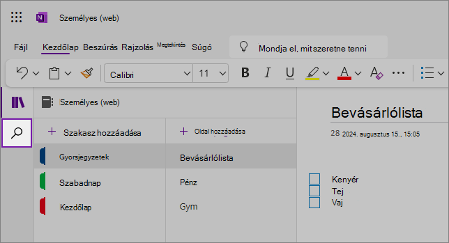 A OneNote webes felhasználói felületének nézete a tartalmi területtel