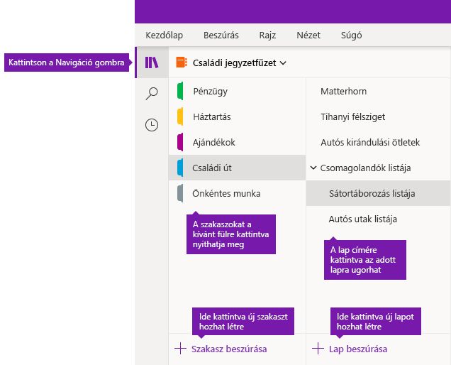 Szakaszok és lapok a Windows 10 OneNote-ban