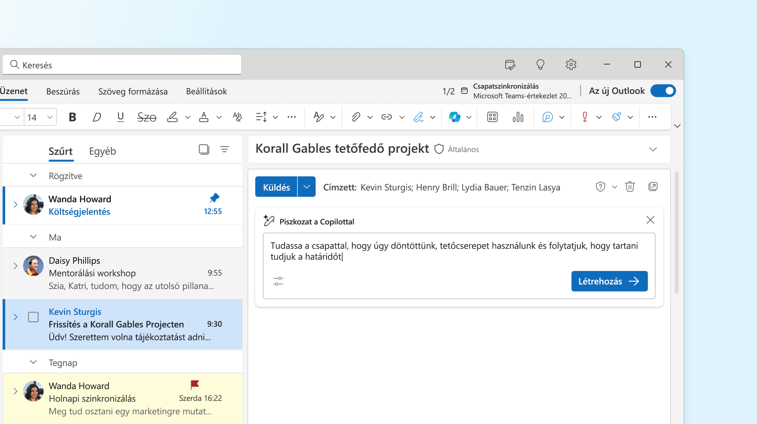 Képernyőkép az Outlook Copilotról egy e-mail piszkozatának készítése közben.