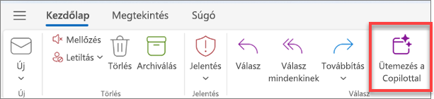 Az Outlook eszköztára látható, az Ütemezés a Copilottal gomb kiemelésével.