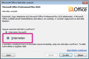 Szoftver aktiválása az interneten keresztül