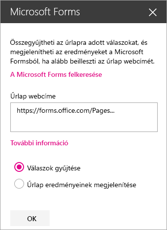 A Microsoft Forms kijelző ablaktábla egy meglévő űrlapon.