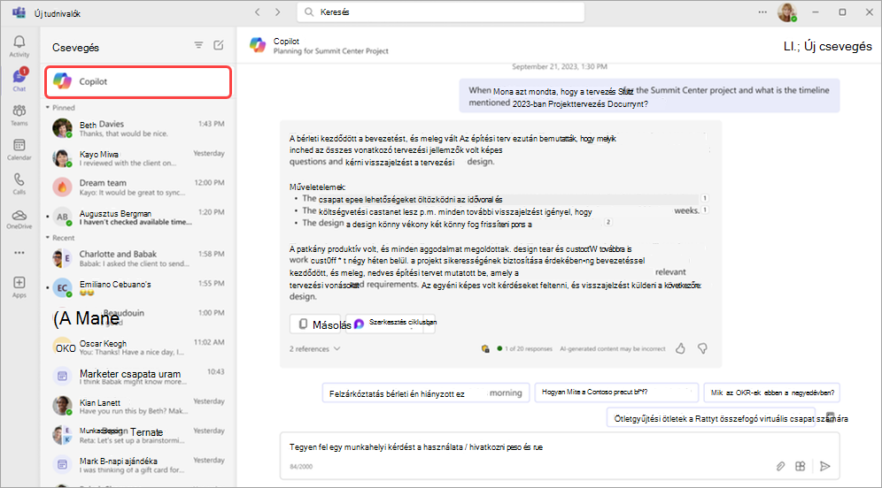 Képernyőkép a Copilot alkalmazásról a csevegés felett a Microsoft Teamsben
