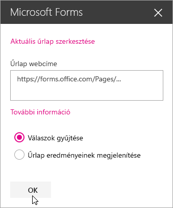 Az új űrlap létrehozása után a Microsoft Forms kijelző ablaktábla megjeleníti az űrlap webcímét.