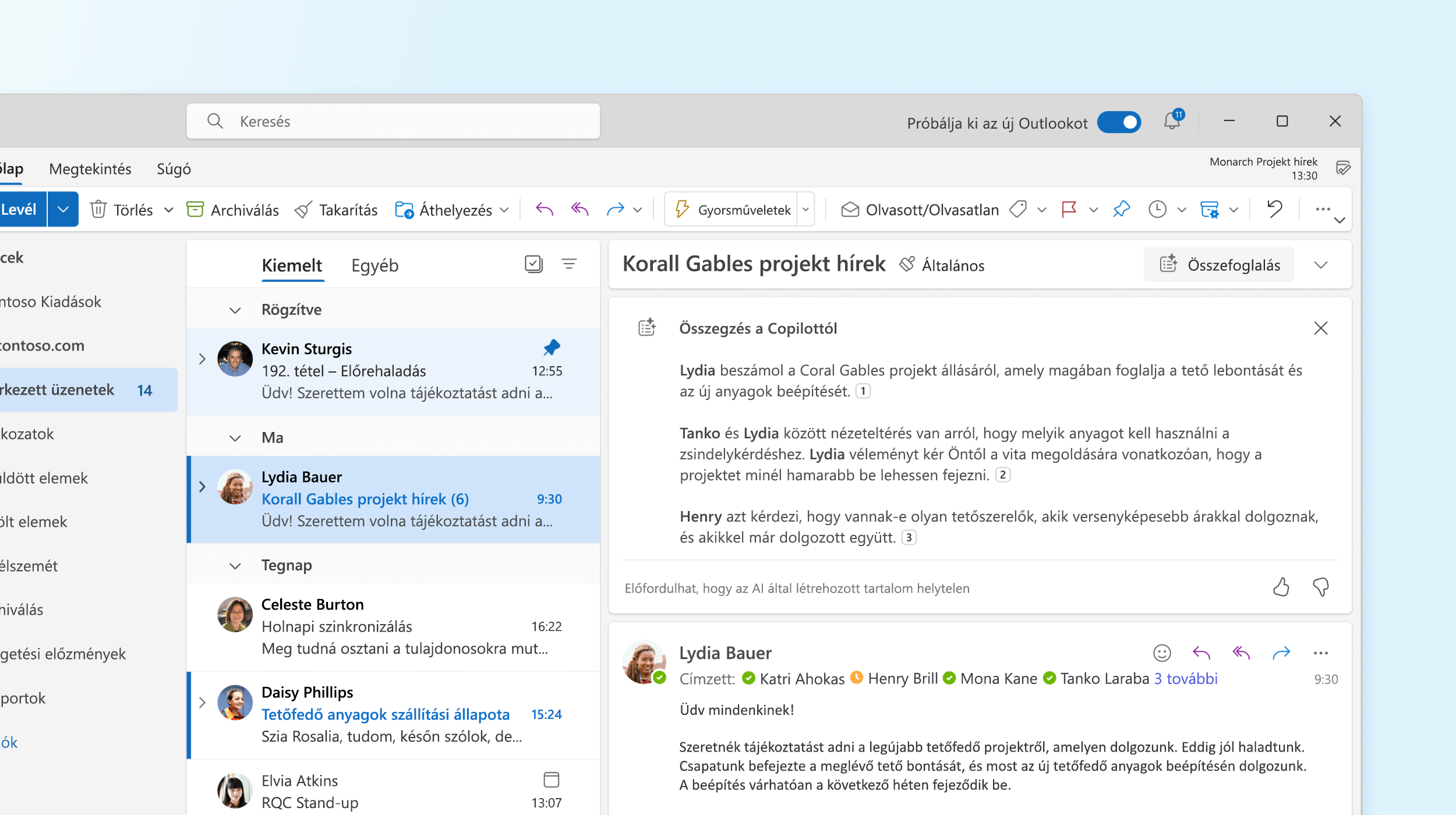 Képernyőkép a Copilot összegzéséről az Outlookban.