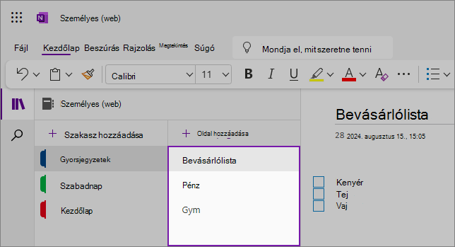 A OneNote webes felhasználói felületének nézete a tartalmi területtel