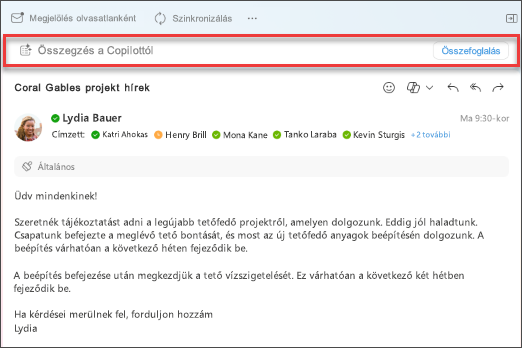 Válassza az összegzés lehetőséget a Copilot számára, hogy létrehozza egy e-mail-szál összegzését.