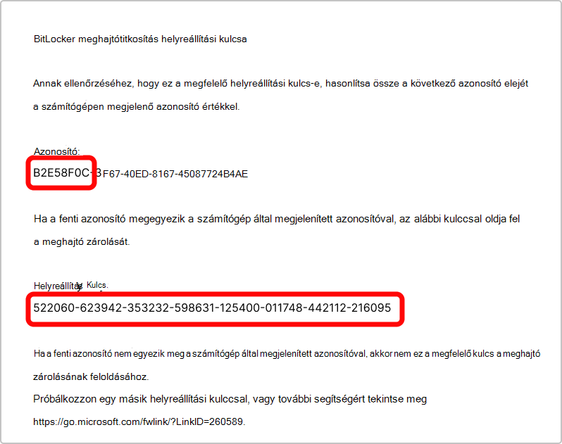 Képernyőkép a BitLocker helyreállítási kulcsának nyomatáról.
