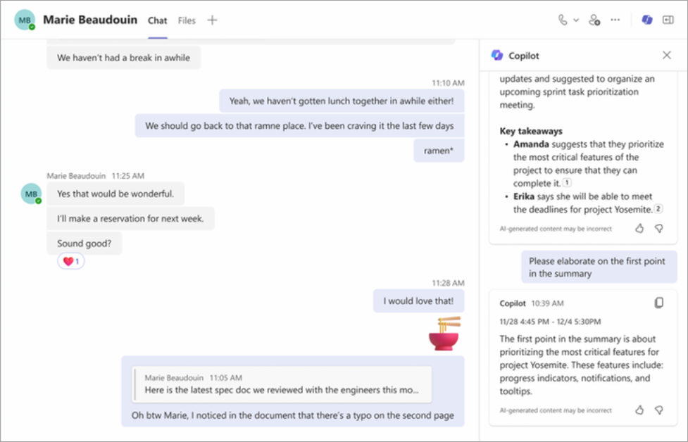 Folytassa a beszélgetést a Copilottal a Teams-csevegésben.