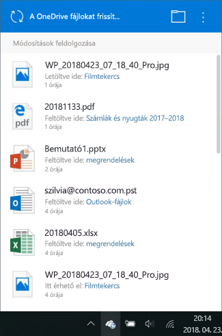 A OneDrive módosításainak feldolgozása képernyő