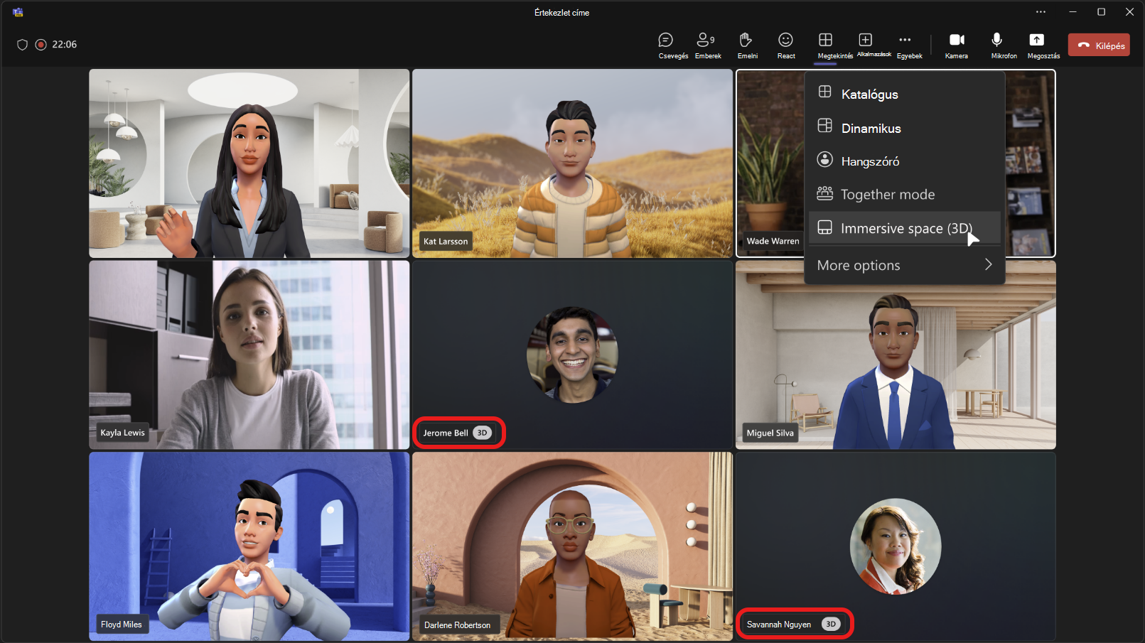 A Teams-értekezlet résztvevői számára egy 3D-s címke mutatja a modern térben lévő személyeket.
