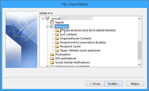 Amikor Google Gmail-névjegyeket importál az Office 365-ös postaládájába, célként válassza a Címtár lehetőséget