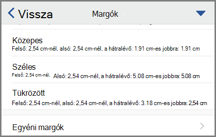 Margó beállításait megjelenítő