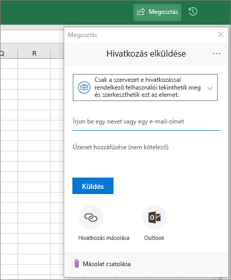 Megosztás ikon és párbeszédpanel az Excelben
