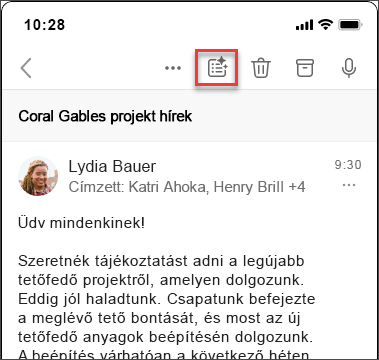 A Copilot összefoglalás ikonja az e-mail-beszélgetések összefoglalásához iOS és Android rendszeren.