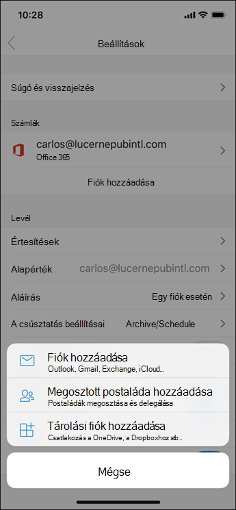 Fiók felvétele az Outlook alkalmazásba