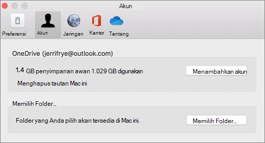 Cuplikan layar menambahkan akun di preferensi OneDrive di Mac