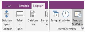 Cuplikan layar tombol Tanggal dan Waktu di OneNote 2016.