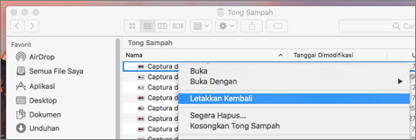 Menu klik kanan untuk membuka file dari Sampah di Mac