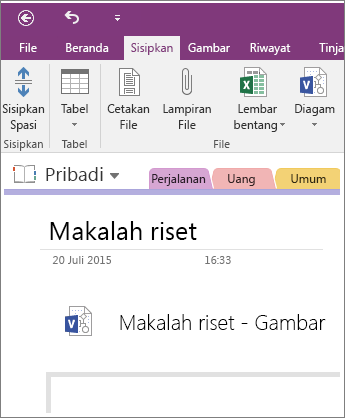 Cuplikan layar cara menyisipkan diagram Visio baru ke OneNote 2016.