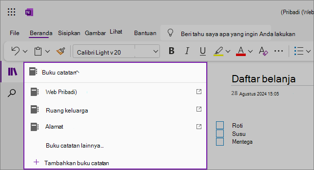 Cuplikan layar daftar contoh dropdown buku catatan OneNote