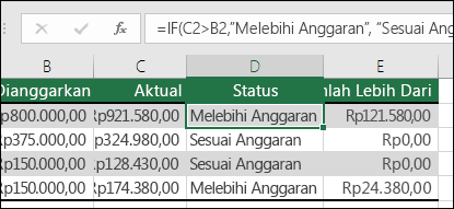 Rumus di sel D2 =IF (C2>B2,"Melebihi Budget","Dalam Budget")