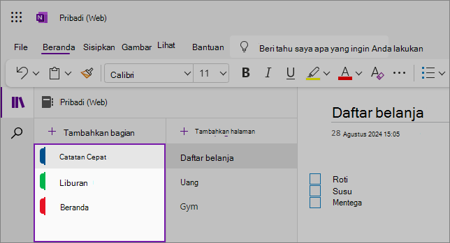 Tampilan antarmuka pengguna web OneNote yang menampilkan area konten