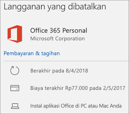 Memperlihatkan langganan Office 365 yang telah kedaluwarsa