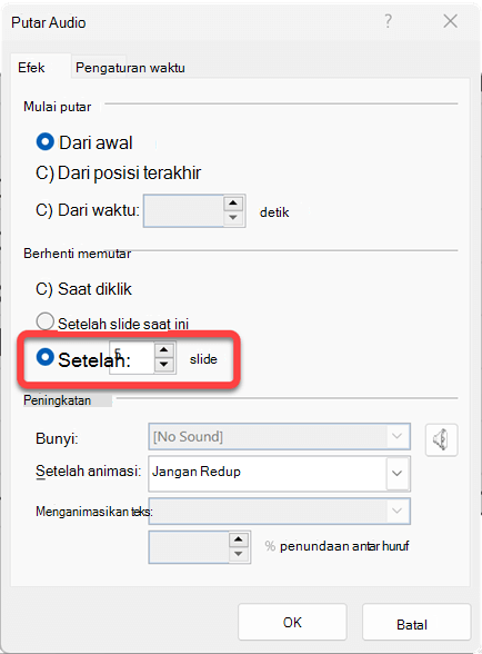 Anda dapat menentukan jumlah slide yang akan diputar klip audio.