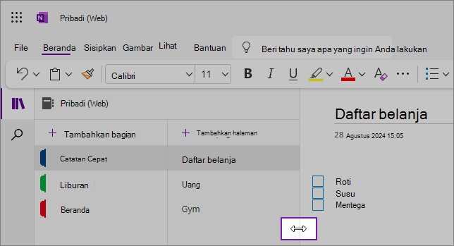 Cuplikan layar yang menampilkan cara mengubah ukuran panel navigasi OneNote