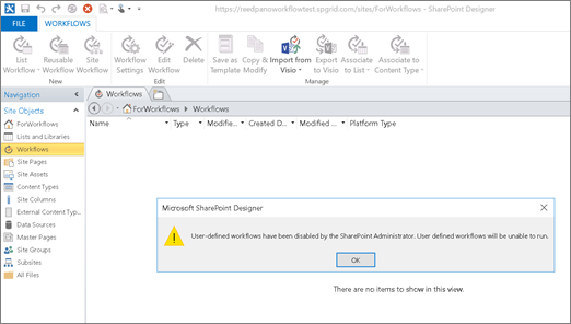 Cuplikan layar kesalahan alur kerja SharePoint 2010 di SharePoint Designer ketika alur kerja SharePoint 2010 dinonaktifkan