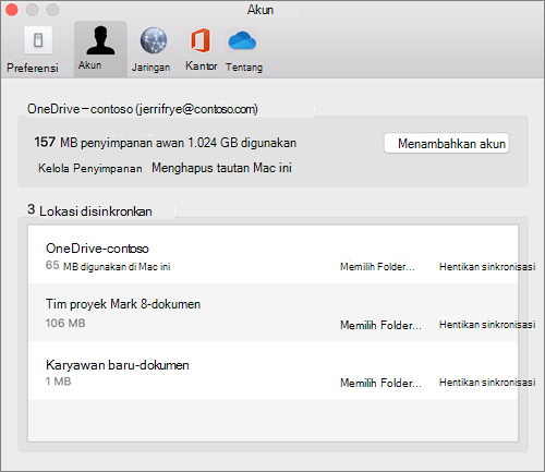 Cuplikan layar tab Akun di klien OneDrive Sync untuk Mac