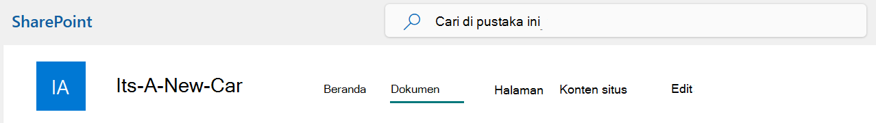 Menu bilah atas Situs SharePoint dengan opsi Dokumen dipilih.