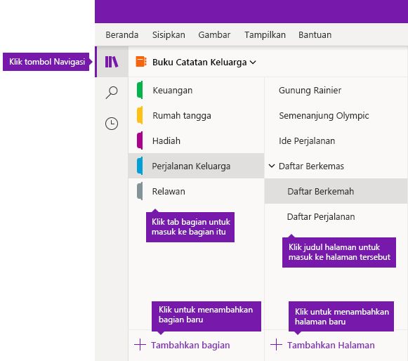 Bagian dan halaman di OneNote untuk Windows 10