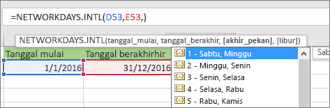 Daftar Intellisense menampilkan 2 - Minggu, Senin; 3 - Senin, Selasa, dan seterusnya