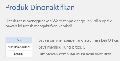 Cuplikan layar yang memperlihatkan pesan kesalahan Produk Dinonaktifkan