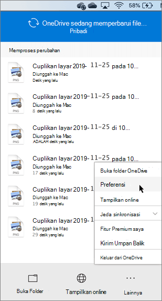 Tangkapan layar pengaturan preferensi pribadi OneDrive