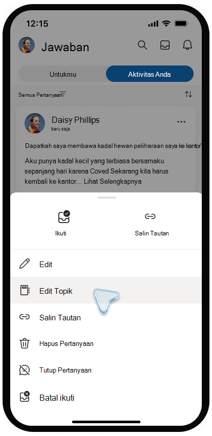 Cuplikan layar menu untuk mengedit topik dalam Viva Engage di perangkat seluler.