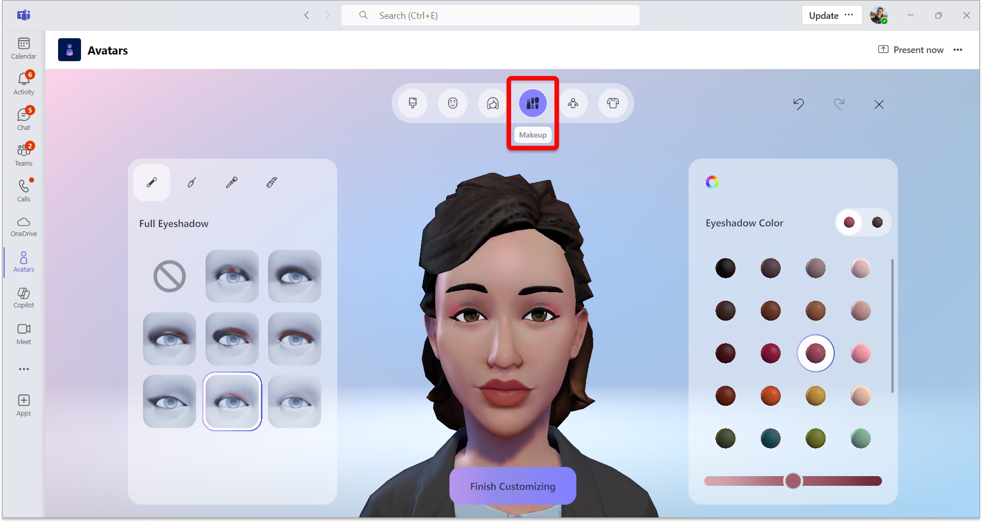 Cuplikan layar aplikasi avatar di Teams dengan kategori makeup dipilih.