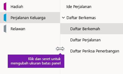 Mengubah ukuran panel navigasi di OneNote untuk Windows 10