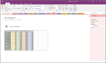 Cuplikan layar buku catatan OneNote 2016 dengan lembar bentang Excel yang disematkan.