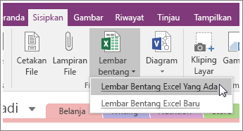 Cuplikan layar tombol Sisipkan Lembar Bentang di OneNote 2016.